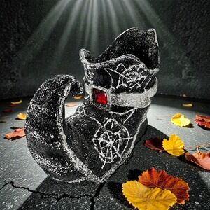 Greenbrier International Witch Shoe Decor 7.5in Black Silver Spiderweb Glitter